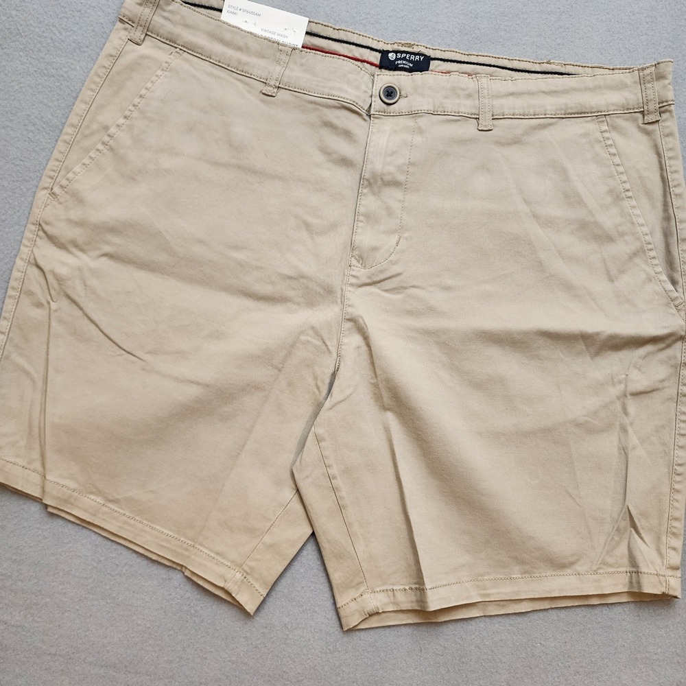 Sperry Men's Shorts 40 Khaki Vintage Wash Flex Cotton 8" Inseam Flat Front NWT